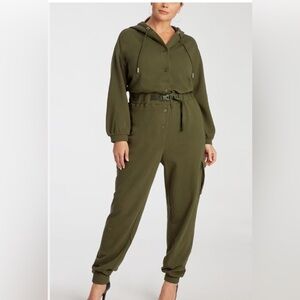 Juicy Couture French Terry Hooded Cargo Jumpsuit. Olive green